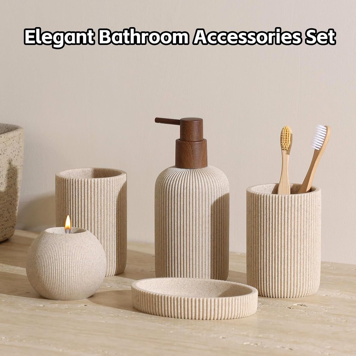 Sandstone Look Stripe Modern Bath Organizer / Beige / Set of 5