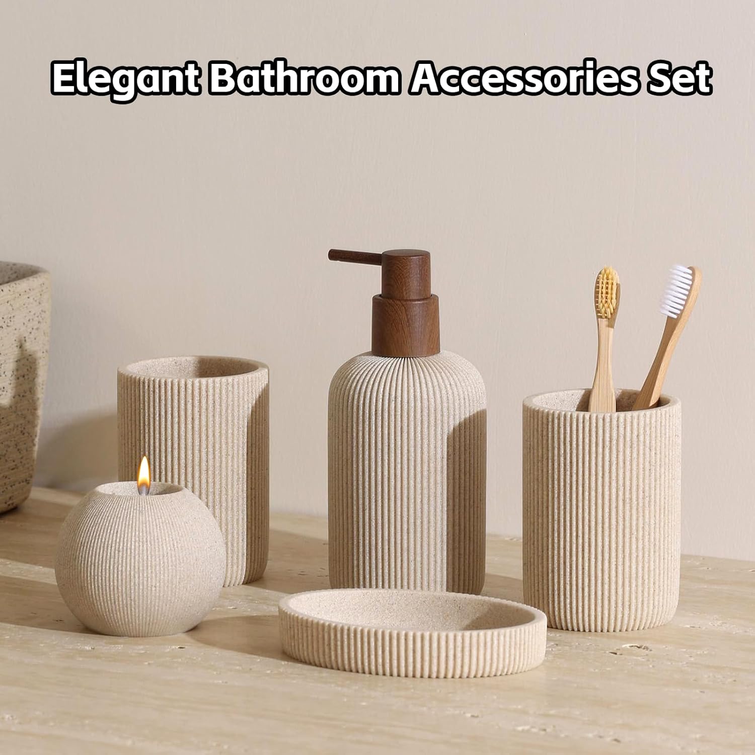 Sandstone Look Stripe Modern Bath Organizer / Beige / Set of 5