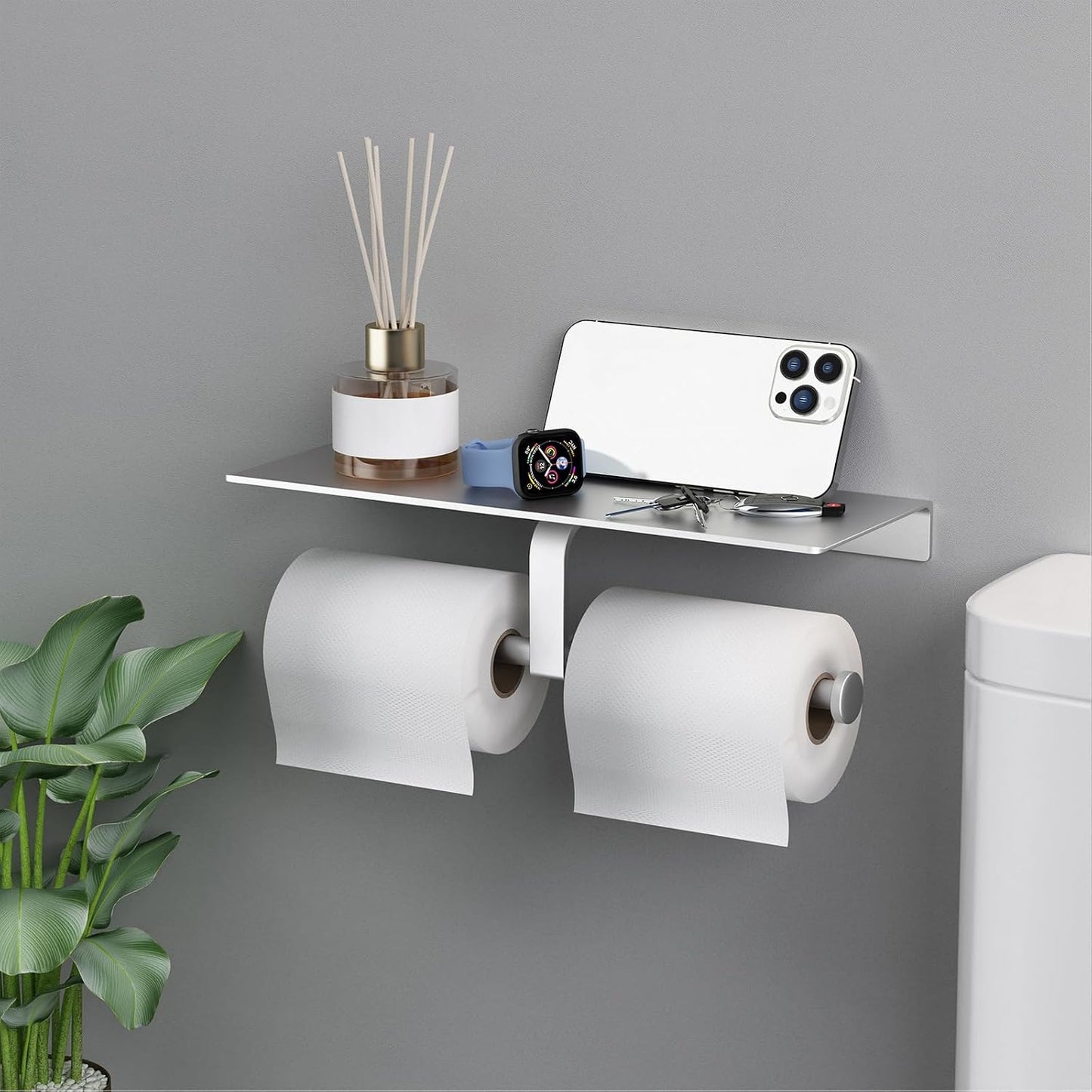 Bathroom Toilet Paper Holder with Shelf, Wall Mount, Double Roll, Silver