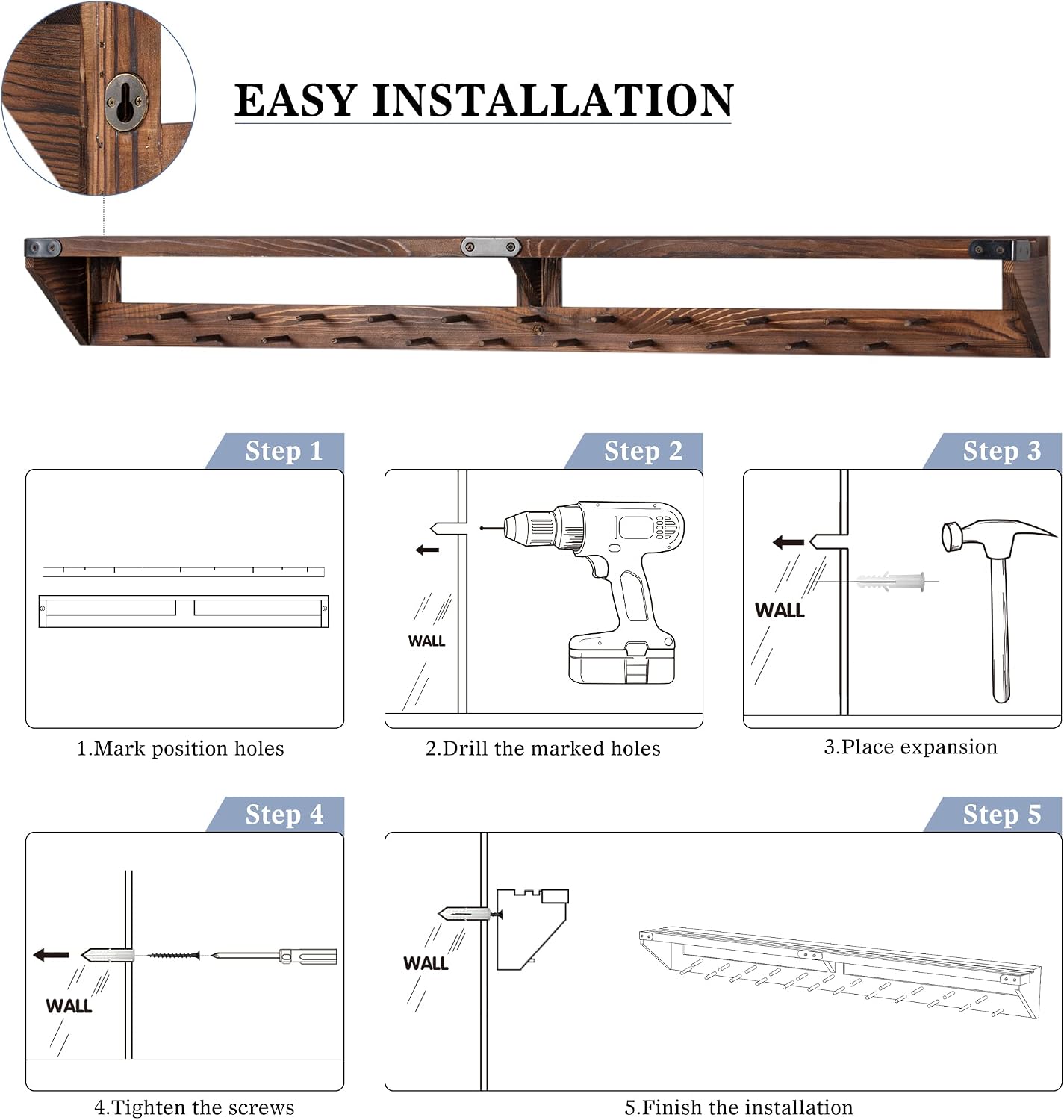 LAVIEVERT Gymnastic Medal Hanger with Storage Shelf, Wooden Wall-Mounted Trophy Shelf, Race Medal Display Rack Holder