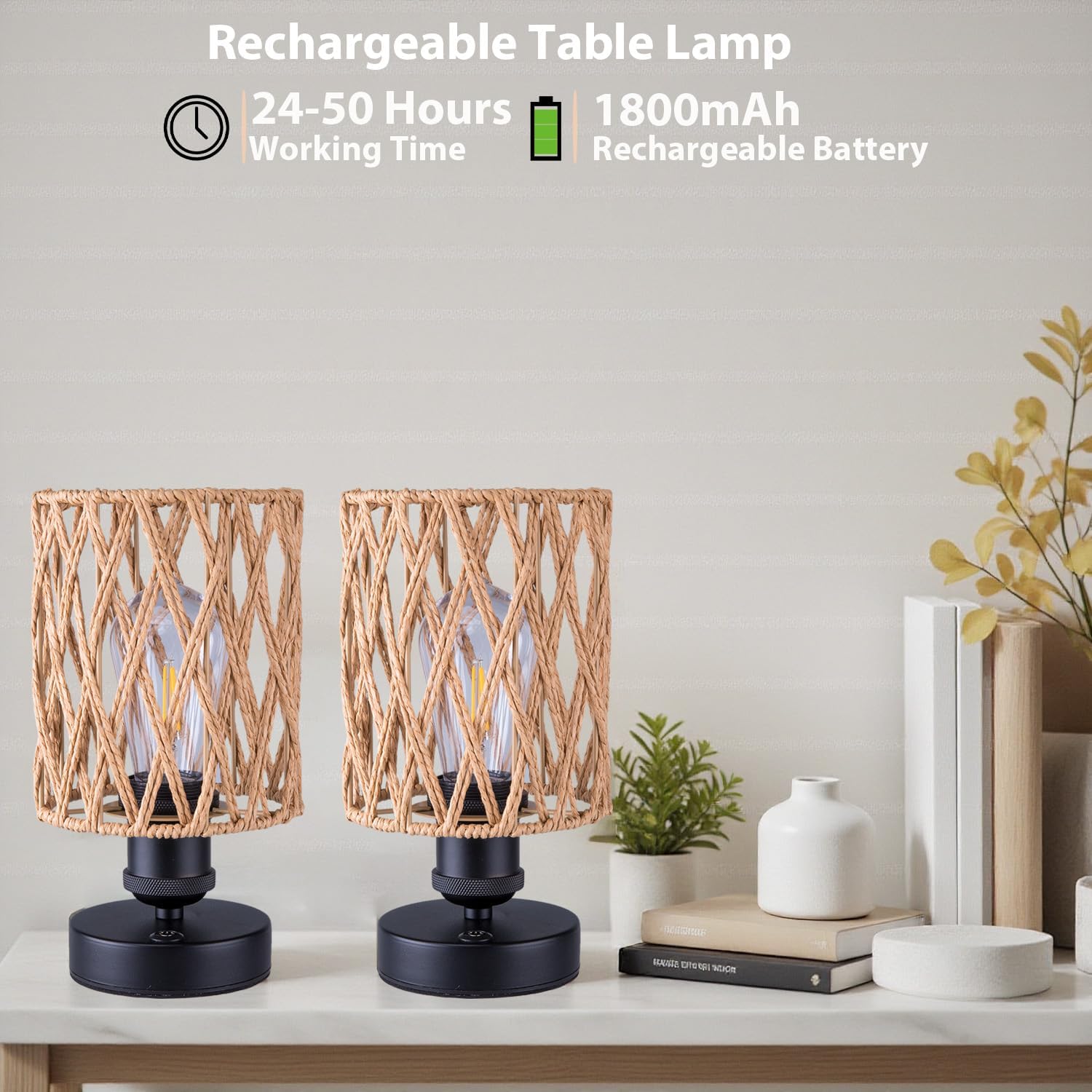 Cordless Outdoor Table Lamps, Small Rattan Boho, Rechargeable Battery Operated for Outdoor Patio, Home, Living Room
