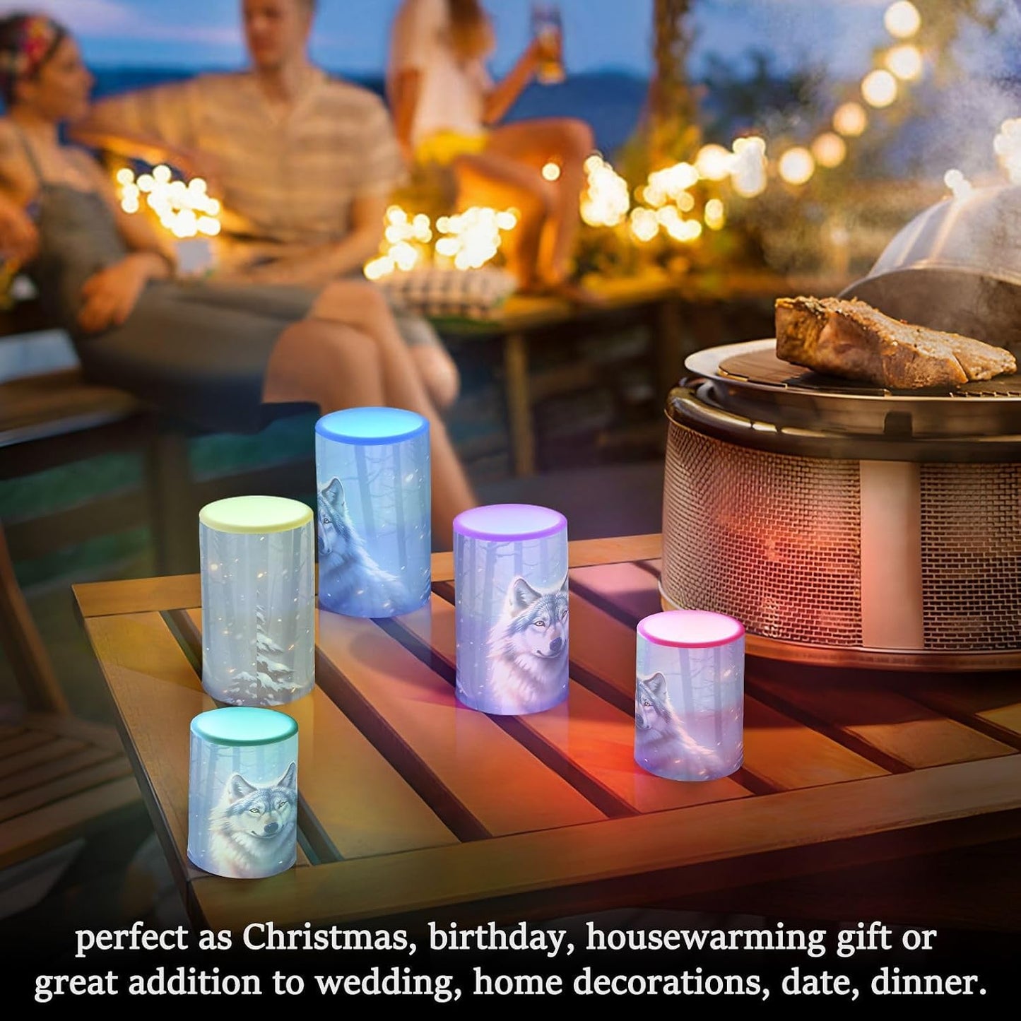 Flickering Flameless Candles, Wolf Winter Forest LED Candles with Remote Timer, Set of 2 Battery Operated Candle for