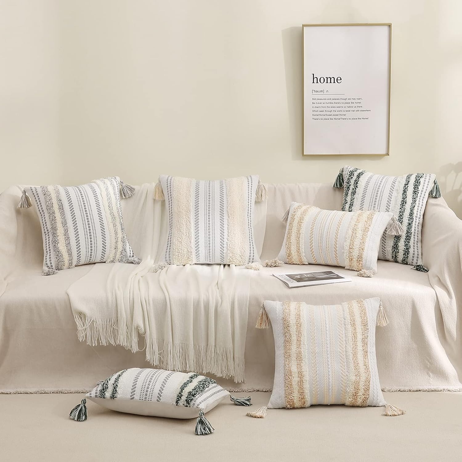 Summer Decorative Boho Throw Pillow Cover / 18 x 18 / Green and Cream White