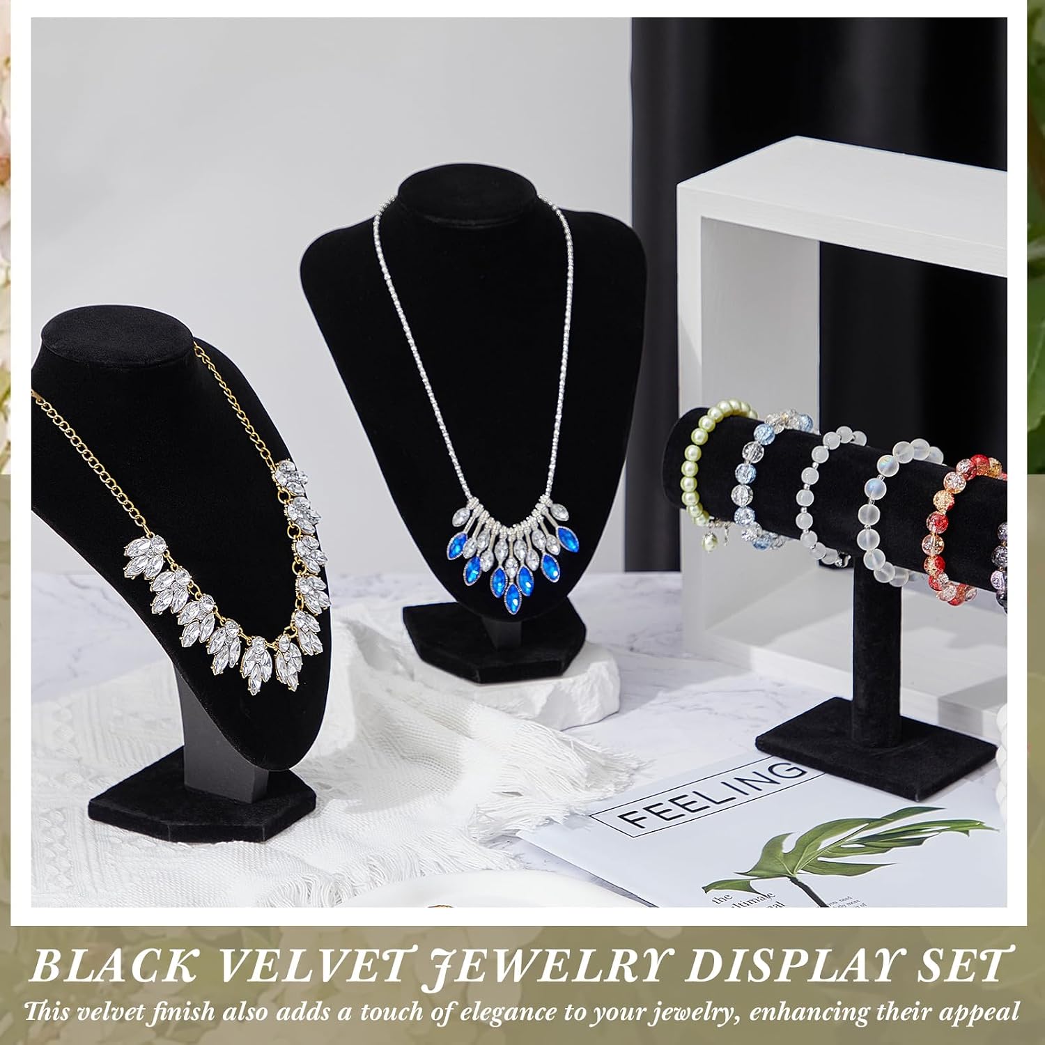 Jewelry Display Set Necklace Display Stand T Bar Bracelet Holder Jewelry / Black / Velvet / Set of 6