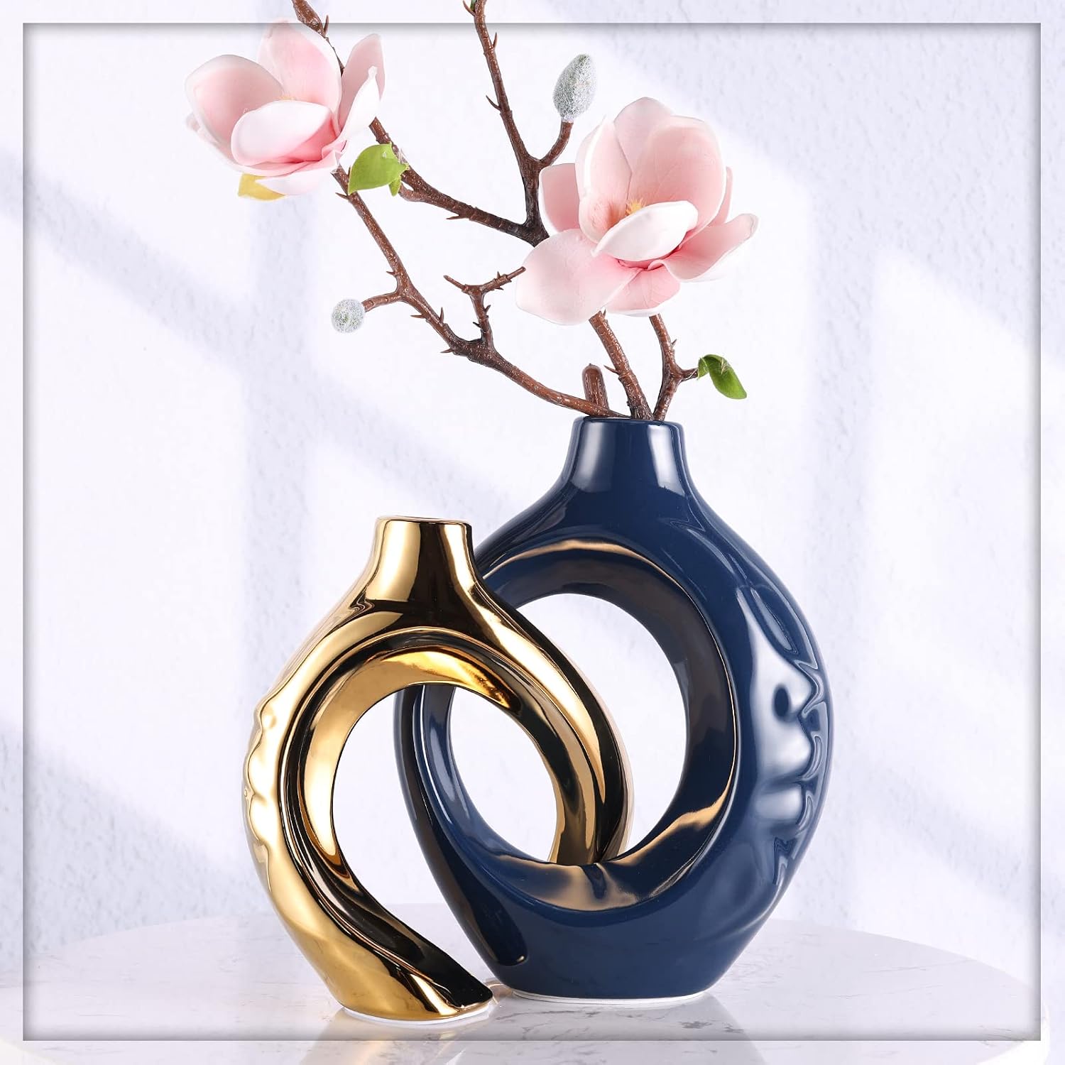 Navy Blue Home Decor Ceramic Vase / Blue Gold / Set of 2