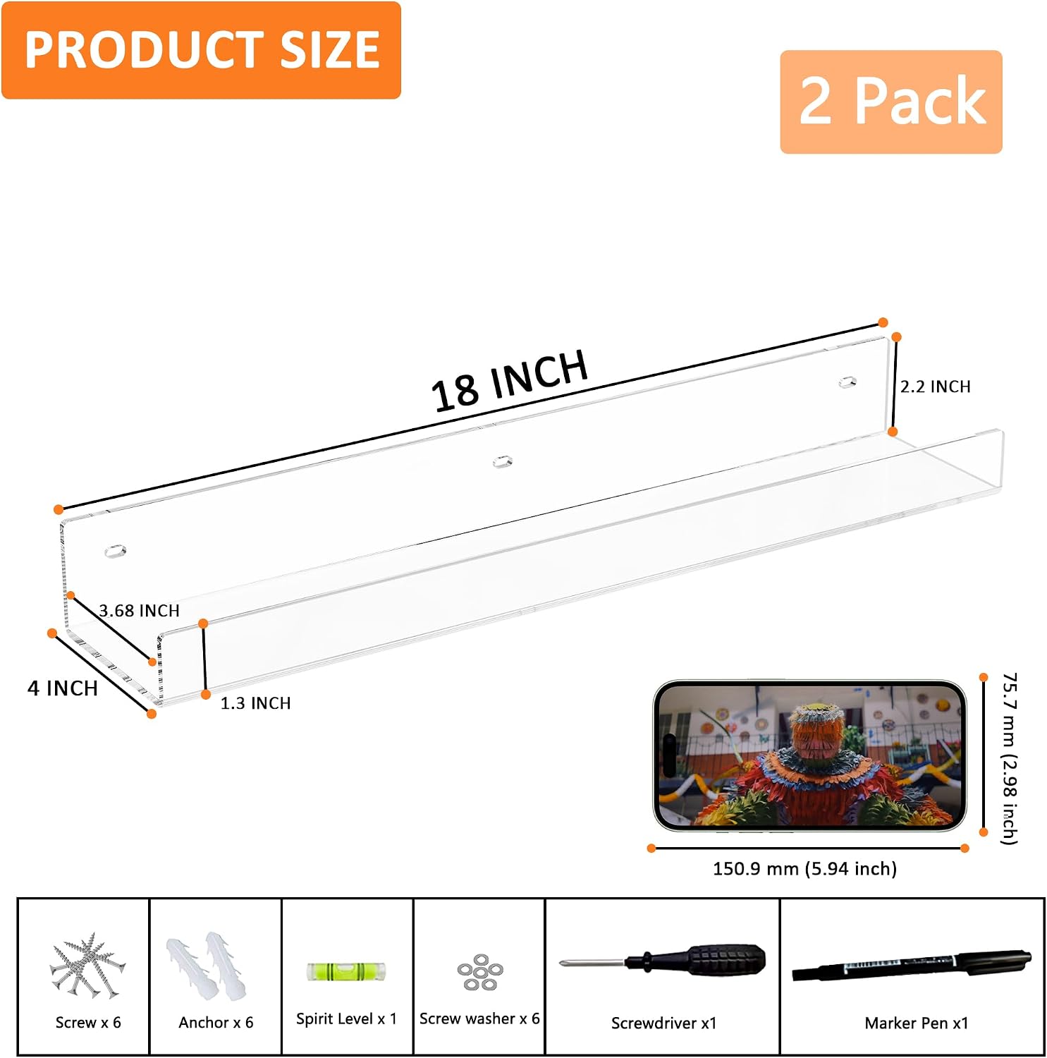 18'' Clear Acrylic Bookshelf 2 Pack, Acrylic Floating Book Shelves, Wall Mounting Invisible Ledge Book Shelf