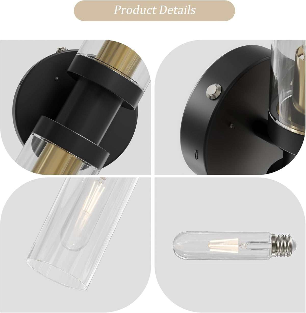 Rayogale Black & Gold Wireless Battery Operated Wall Sconce with Remote | Dimmable Rechargeable Wall Lights Set of 2