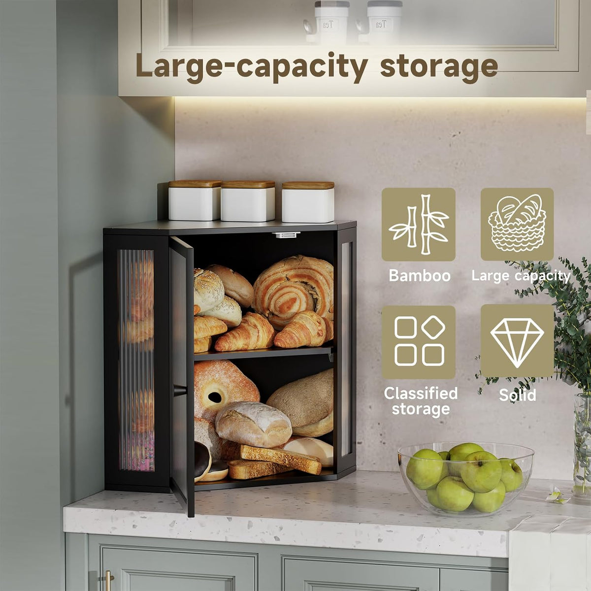 Corner Bread Box for Kitchen Countertop,Bread Storage (Black, Extra Large) | Double Layer Large Capacity Bamboo Bread