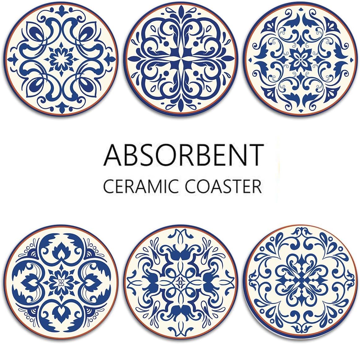 Vintage Floral Absorbent Round Ceramic Stone Mat / Spanish Ceramic / Blue / Set of 6