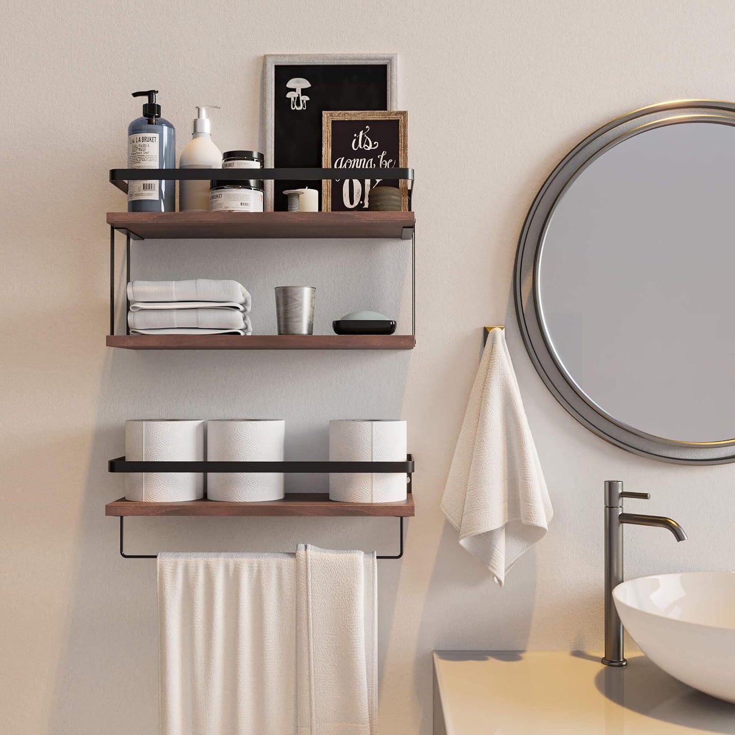 RICHER HOUSE 2+1 Tier Wall Mounted Floating Shelves Set of 2, Rustic Wood Shelf with Metal Frame, Extra Storage Rack