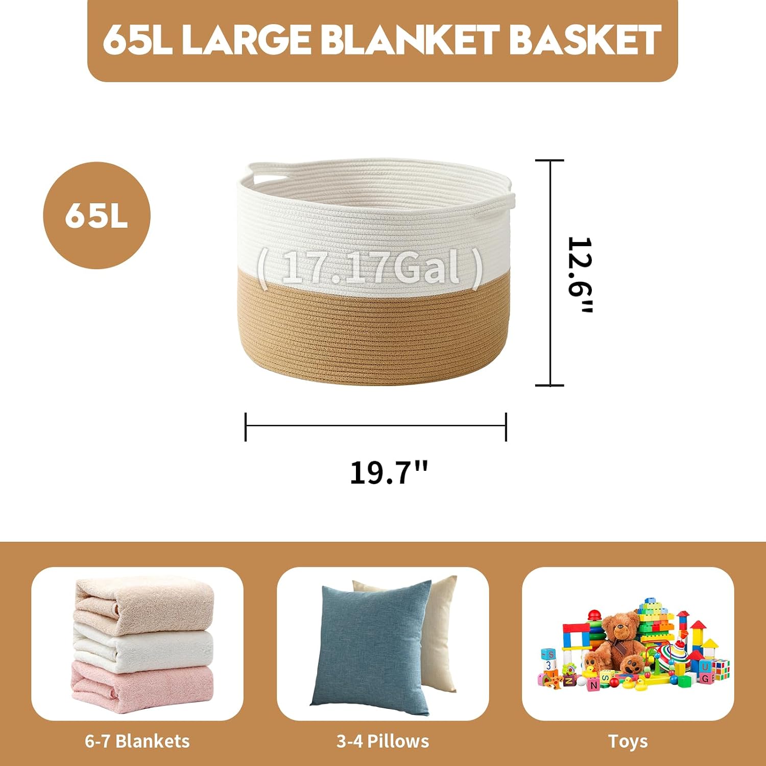 Collapsible Handle Cotton Rope Soft Woven Fabric Storage Organizer Clothes / White & Camel / 65L