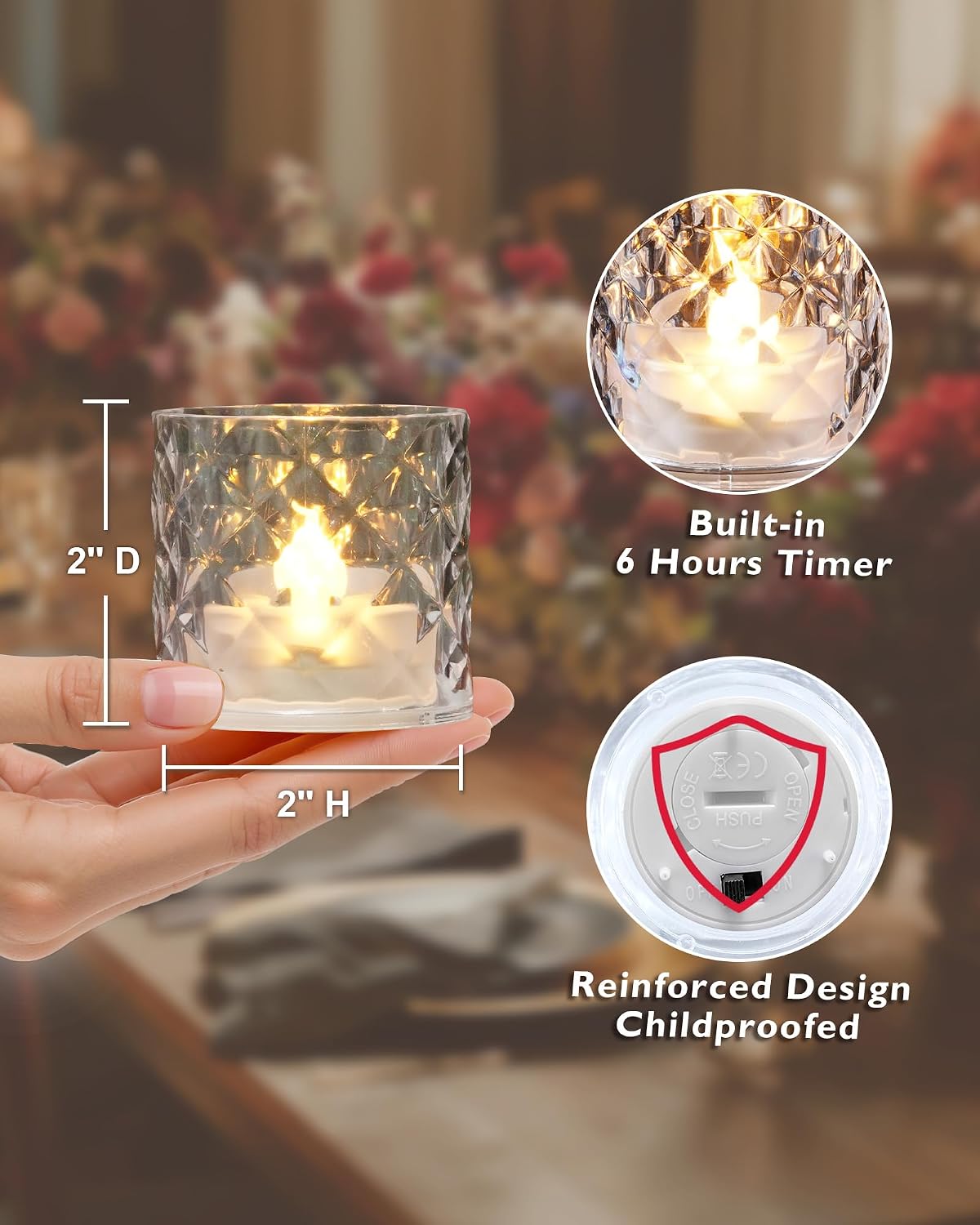 Homemory 2" Clear Acrylic Votive Candle & Holders with Auto Timer, 12 Pack | 6h auto timer, flicker Warm White glow