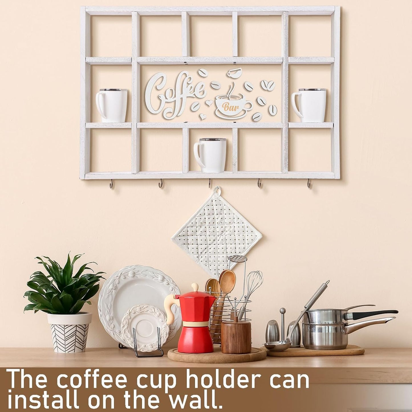 Cinnvoice Oversize Coffee Mug Display Shelf for Wall, Old White | Wood Coffee Mug Rack, Wall Mounted Shelf, Cubes Cup