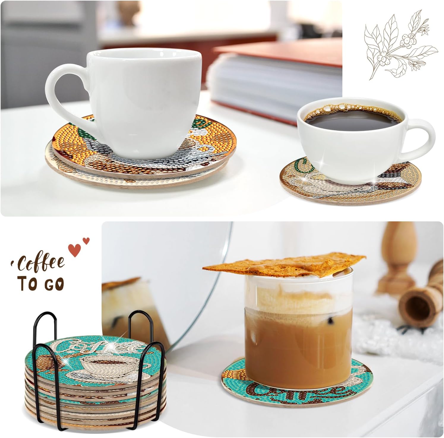 DIY Vintage Diamond Art Coaster Cup Themed Art Craft Kit / Coffee / Set of 8
