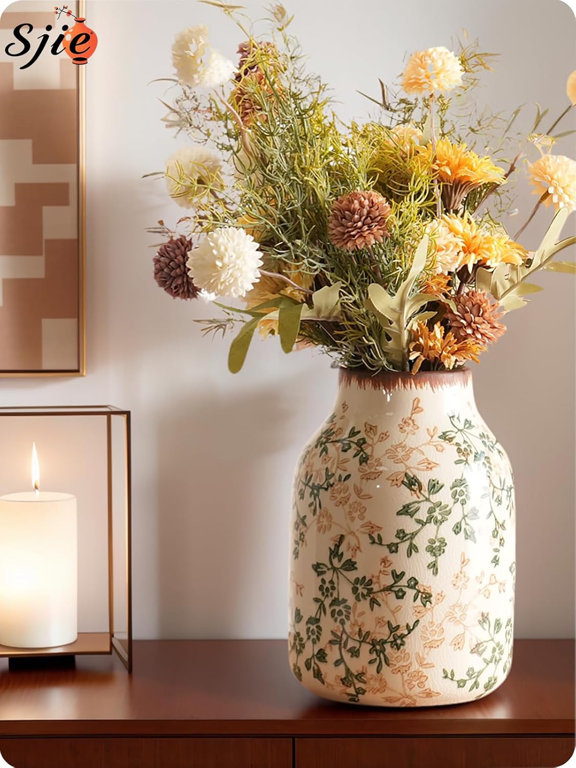 Vintage Ceramic Vase / Beige and Green-002 / 7.8 Inch