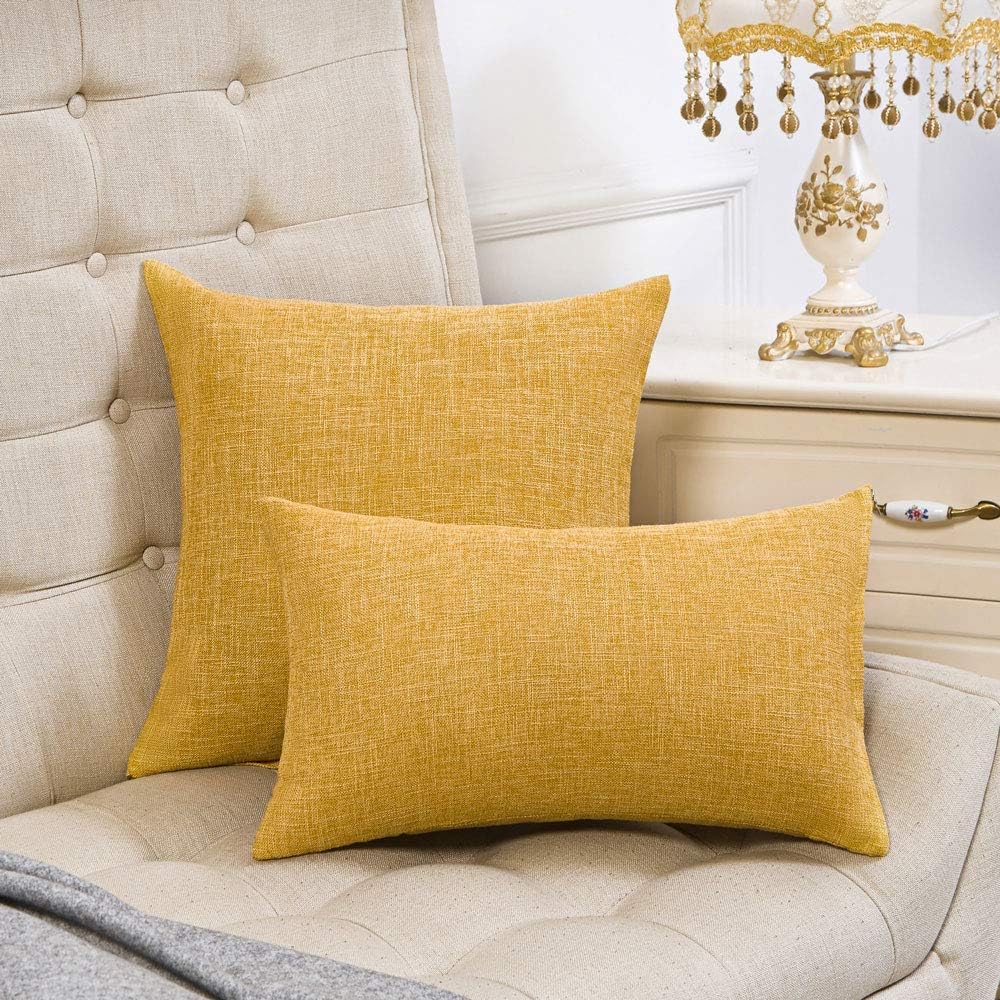 Pillow Covers Rustic Linen Decorative Square Throw Pillow / Mustard Yellow / 18 x 18 / Set of 2