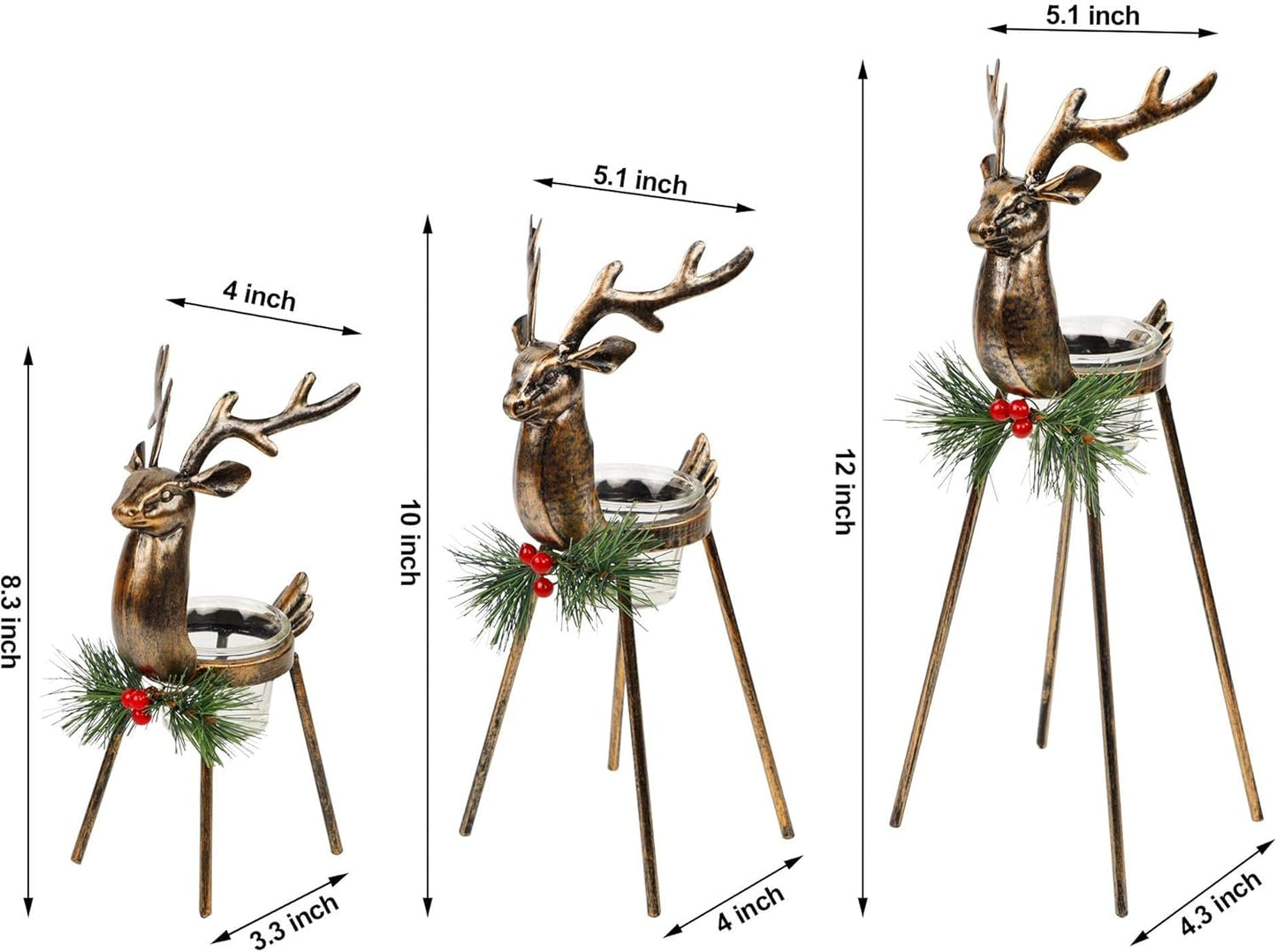 Juegoal Set of 3 Reindeer Tealight Candle Holders, Standing Iron Metal Christmas Decorations, Glass Votive Candle