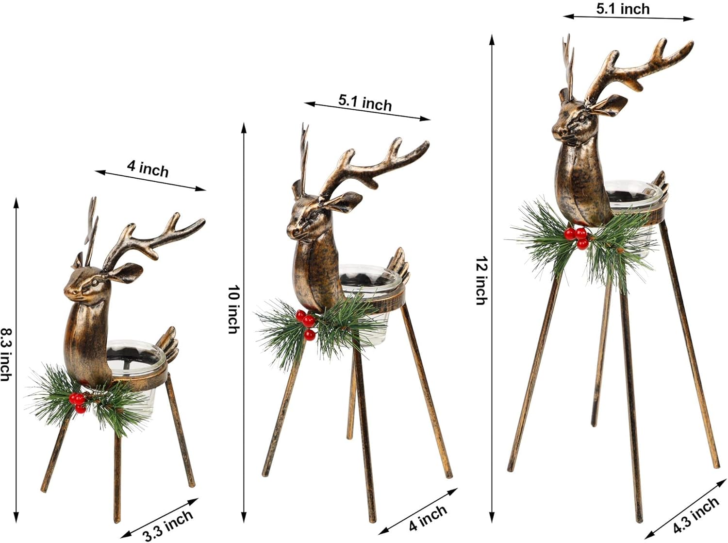 Juegoal Set of 3 Reindeer Tealight Candle Holders, Standing Iron Metal Christmas Decorations, Glass Votive Candle