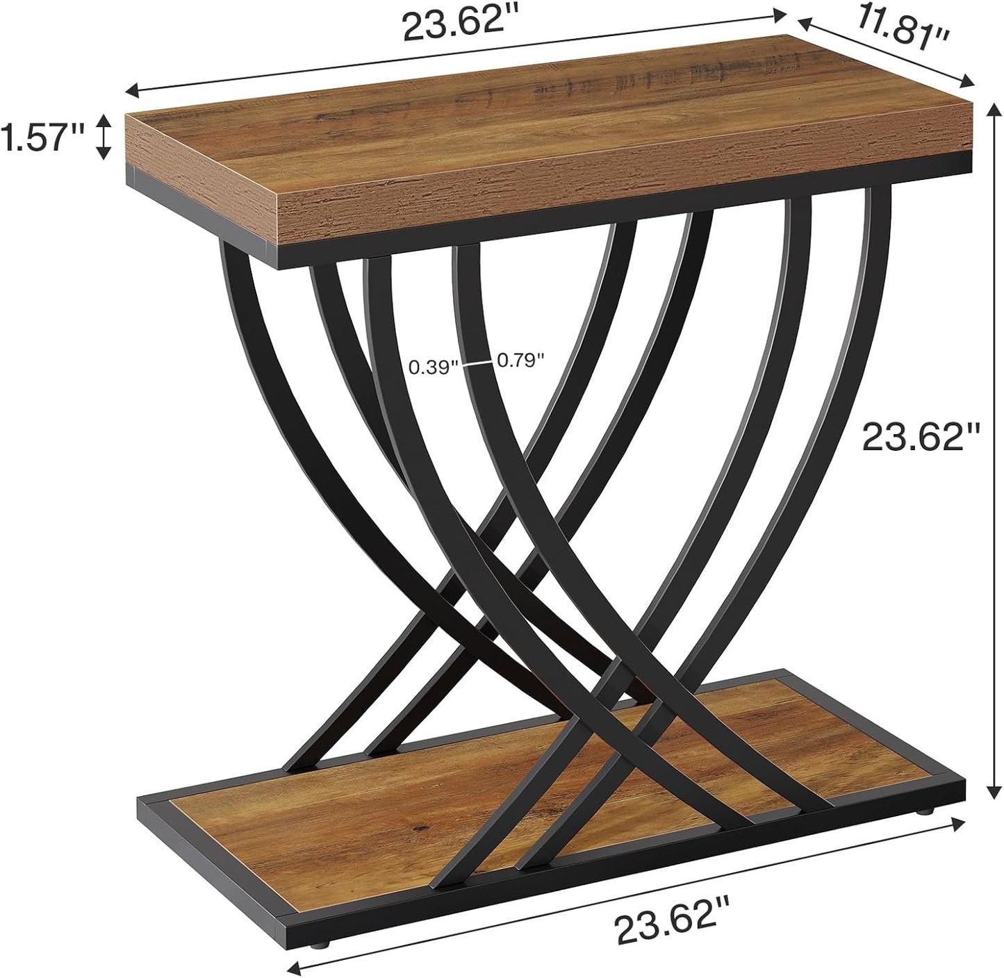 Metal Frame / 2-Tier Narrow End Table / Rustic Brown