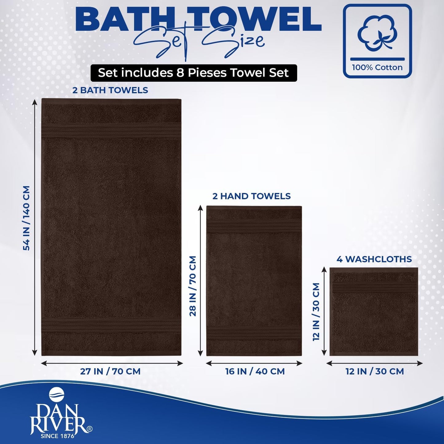 DAN RIVER 8 Piece Luxury Bath Towels for Bathroom, Towel Set, Brown | 2 Bath towels, 2 Hand towels, and 4 Wash Cloths