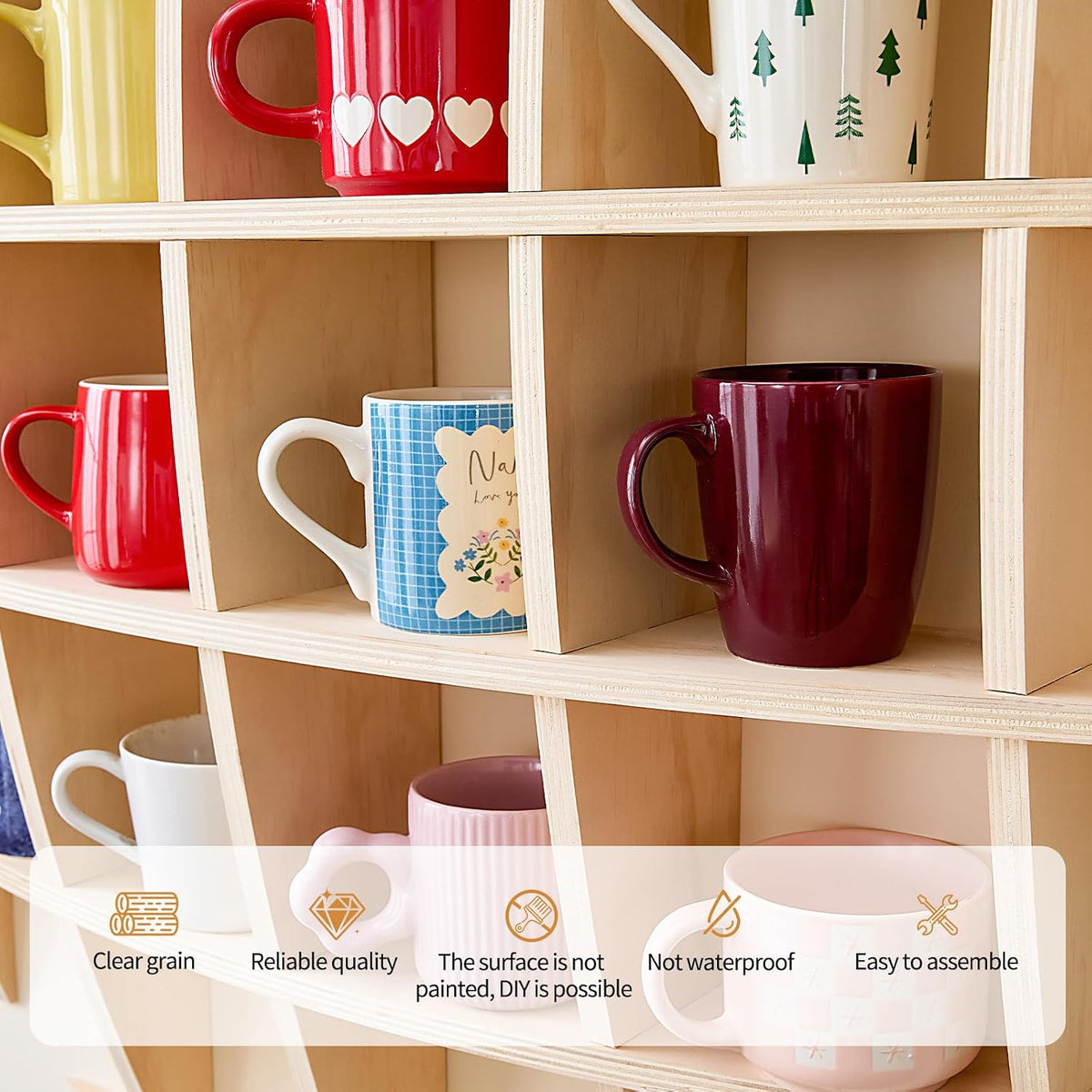 46 x 46 Inch Oversize Wooden Coffee Mug Display Shelf for Wall | Wall-mounted mug holder, floating curio shelf and tea