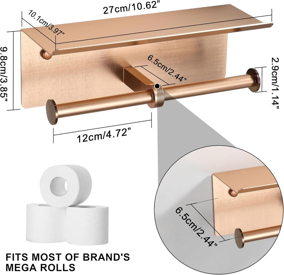 Rose Gold Toilet Paper Roll Holder with Shelf Wall Mounted for Bathroom (Rose Gold, Double Head)
