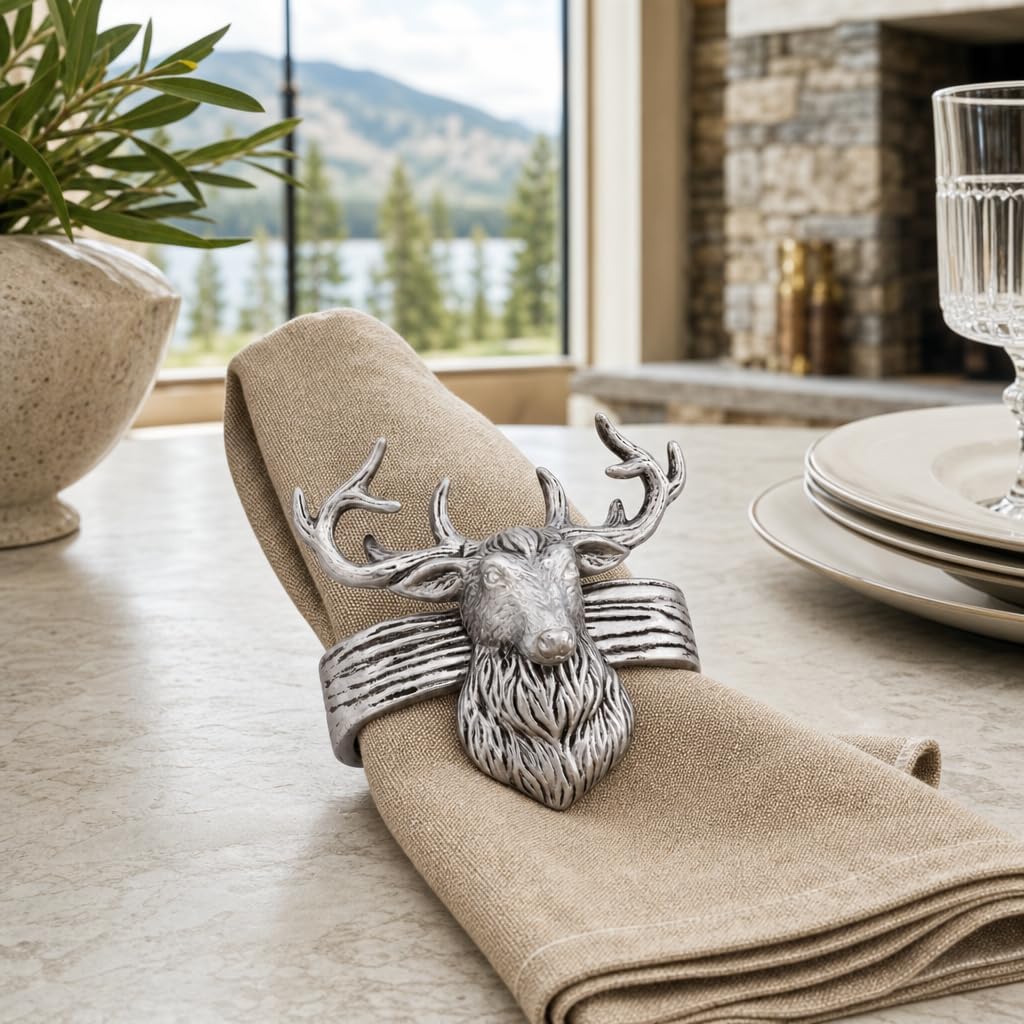 Arthur Court Elk Head Napkin Rings - Rustic Metal Set of 4 for Lodge Decor, Thanksgiving & Holiday Dining