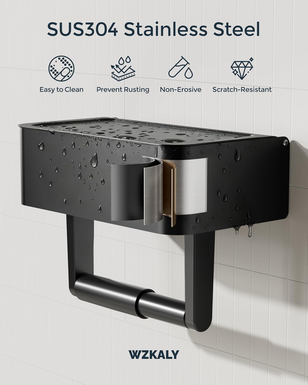 Black Toilet Paper Holder with Wipes Dispenser Self Adhesive | 304 Stainless Steel Toilet Paper Holder with Shelf &