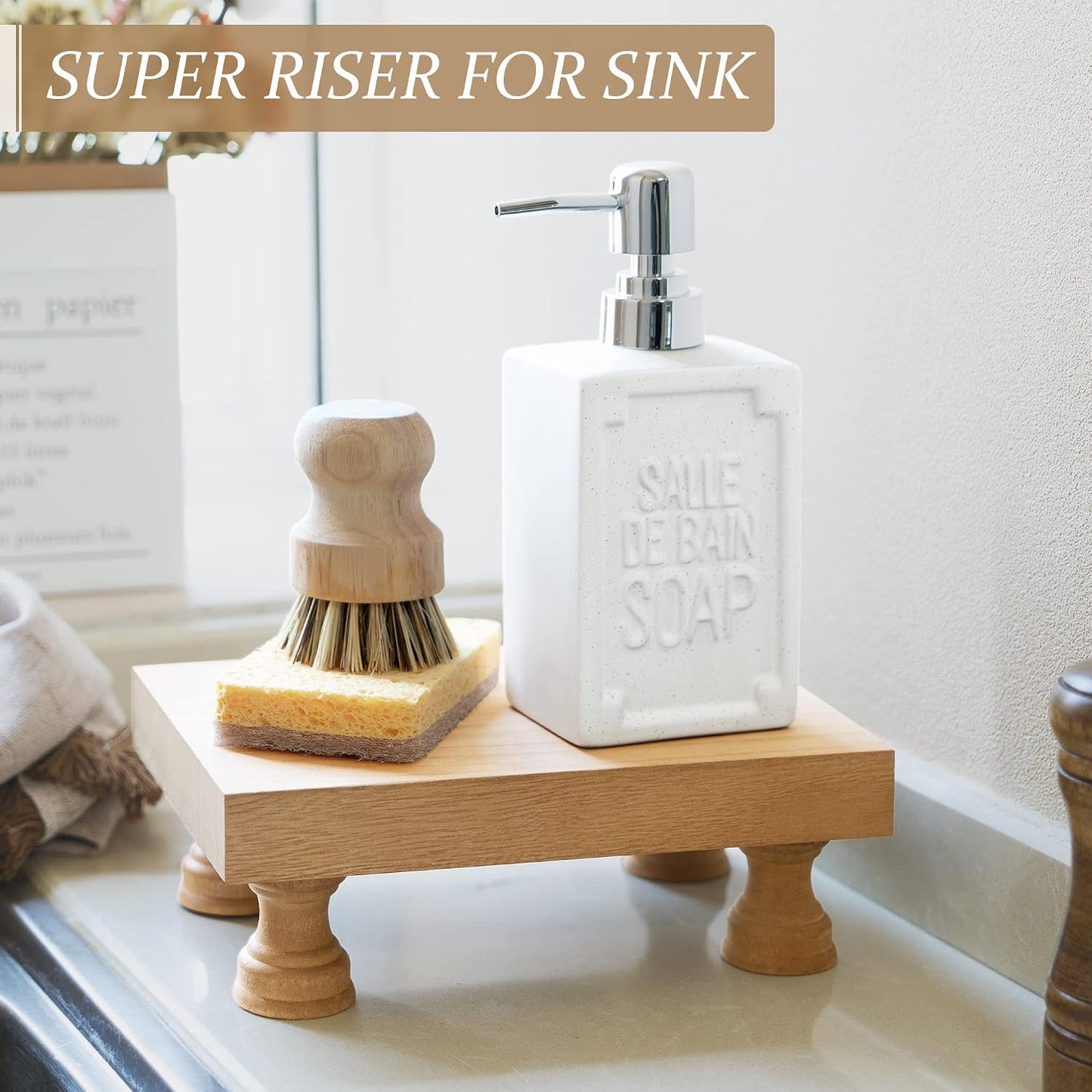 EOSAHR Wood Riser for Bathroom Decor & Display Stand for Home, Light Brown | 8.5" Display Riser, Soap Holder, Bathroom