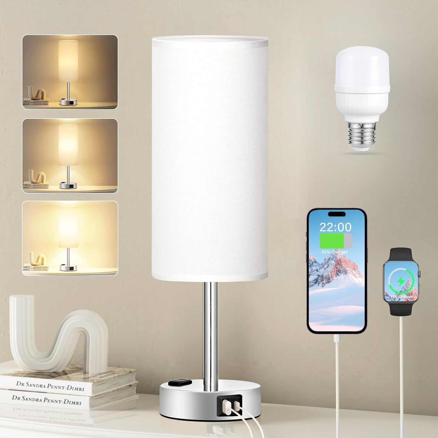 Fenmzee White Bedside Lamp for Bedroom, Dimmable Touch, USB A+C, AC Outlet