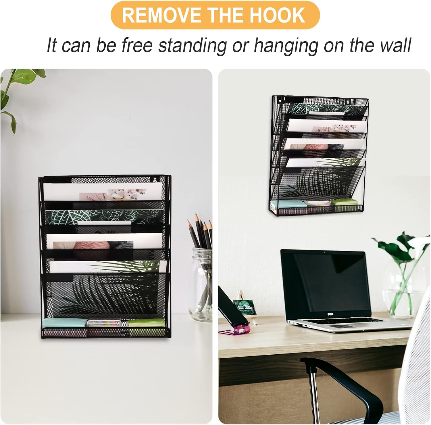 Desk File Organizer Mesh 6-Tier with Hangers, Hanging Wall Mount Document Organization Stand, Desktop Vertical Mail