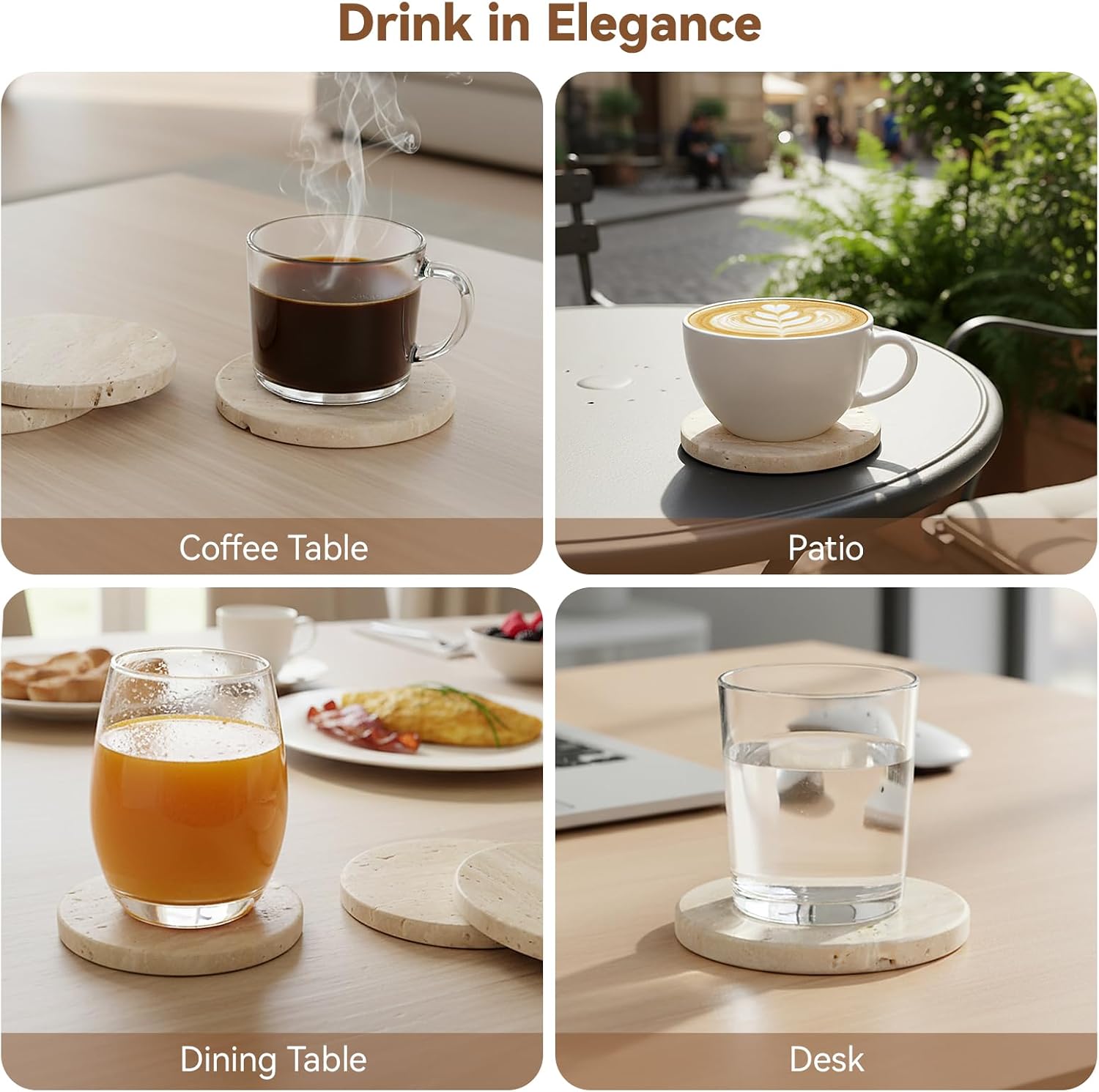 Holder / Elegant Rustic Farmhouse Coasters for Drinks / 5th Style - with Holder / Beige / Set of 4