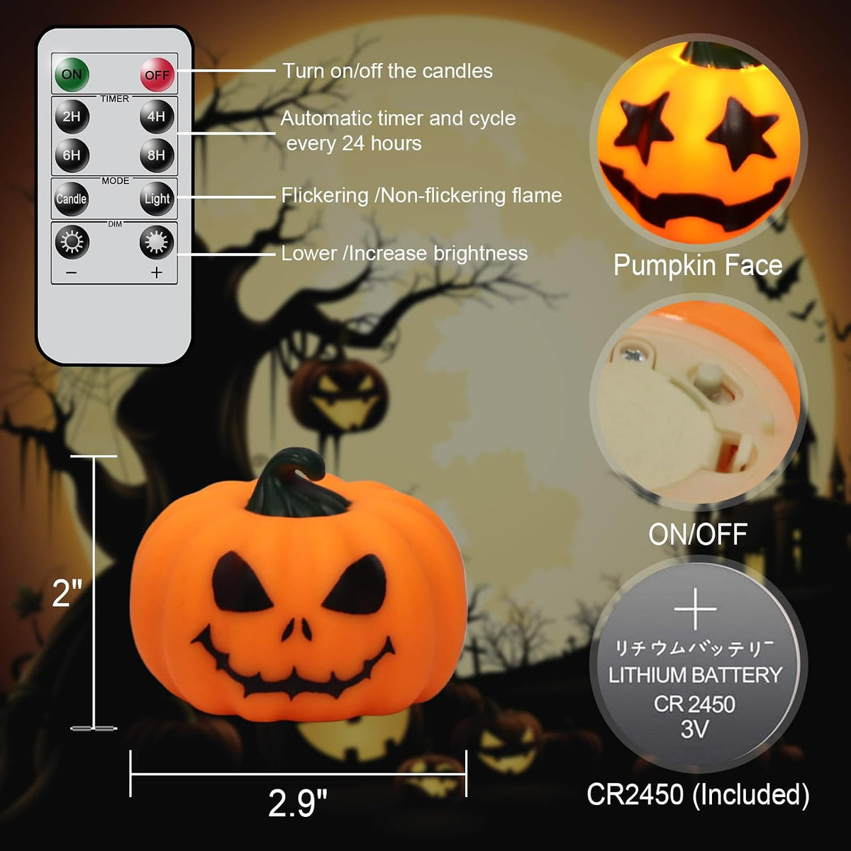 Halloween Pumpkin Flameless Votive Candles Light with Remote Timer | Battery Operated LED Tealight Candles, Spooky Face