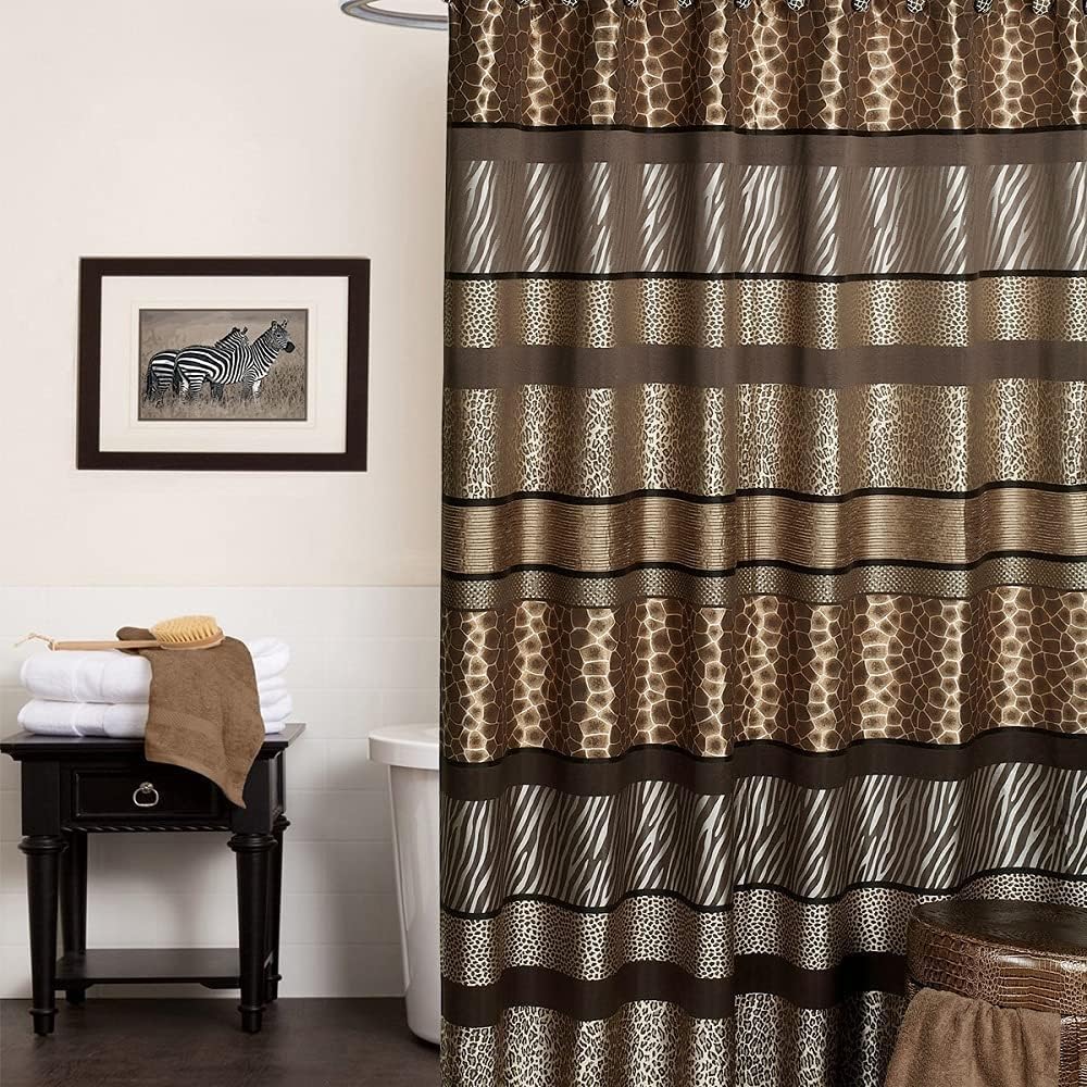 Zahari Home 13pc Safari Stripes Bathroom Shower Curtain Set Animal Print Shower Curtain & 12 Shower Curtain Hooks