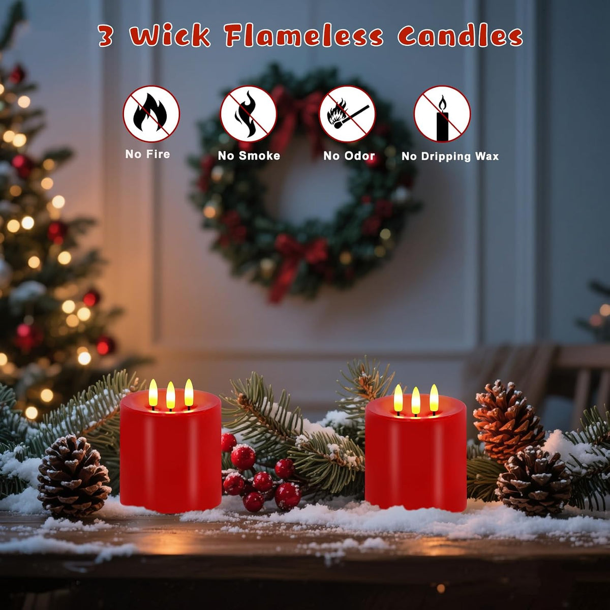 VEEKI Large 3 Wick Flameless Candles Set of 2, 4"x4" Flickering Flameless Candles with Remote & Timer, Dimmable Real