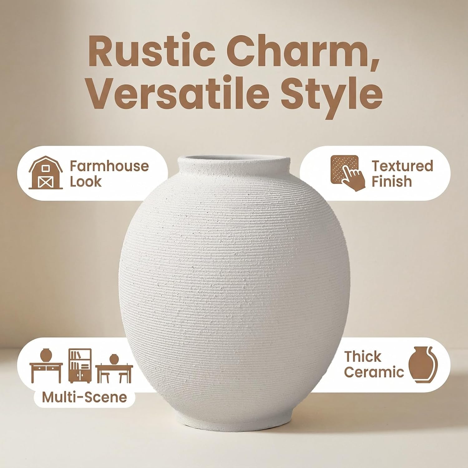 White Ceramic Vase / 9.8"-oval / White-9.8