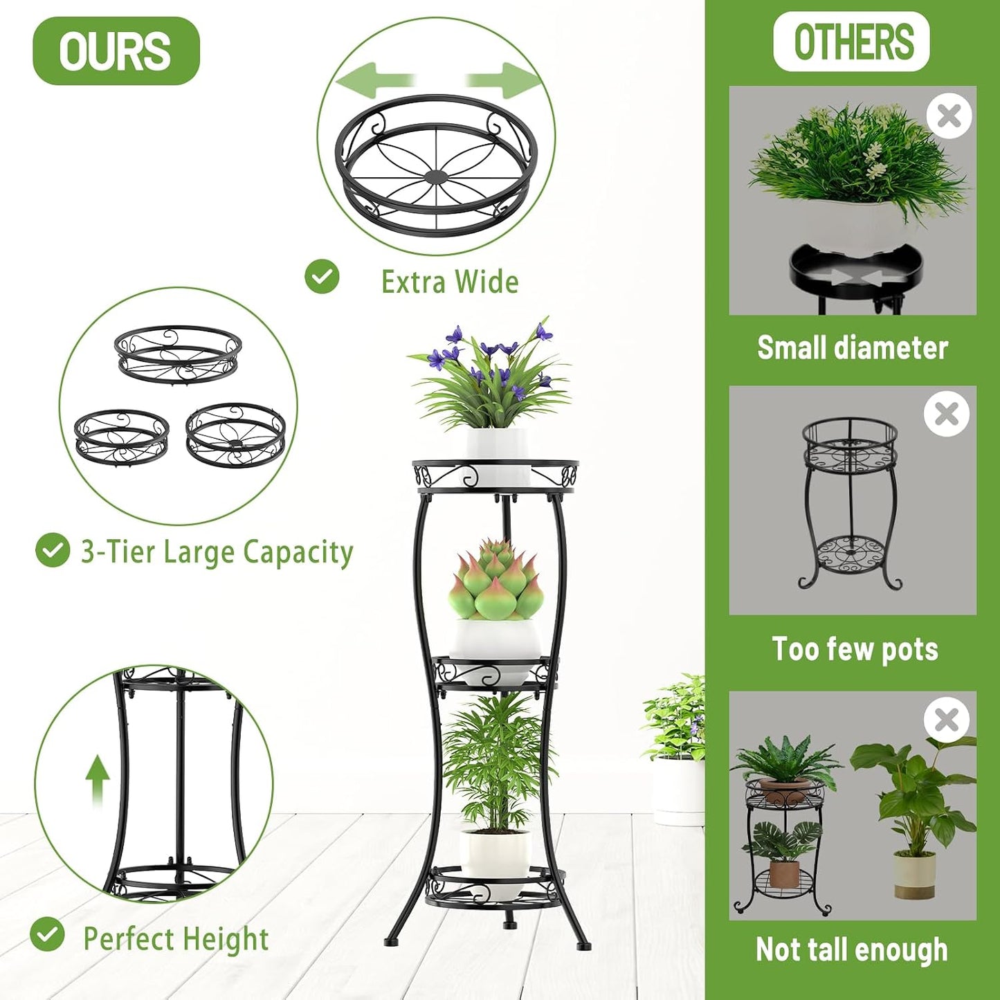 iDavosic.ly 3 Tier Metal Plant Stand Outdoor Indoor, 34 Inch Tall, Black | Corner Flower Pot Holder Shelf, Wrought Iron