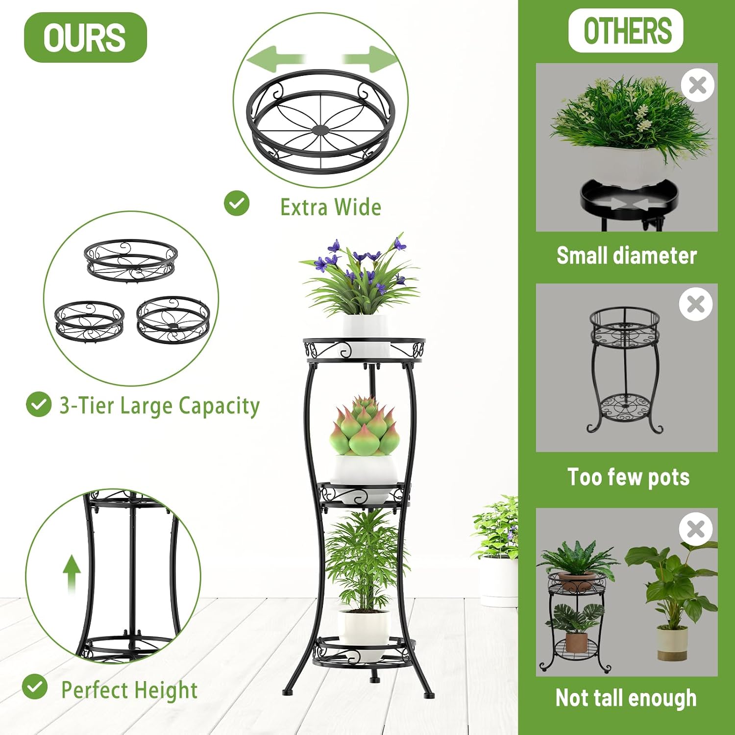 iDavosic.ly 3 Tier Metal Plant Stand Outdoor Indoor, 34 Inch Tall, Black | Corner Flower Pot Holder Shelf, Wrought Iron