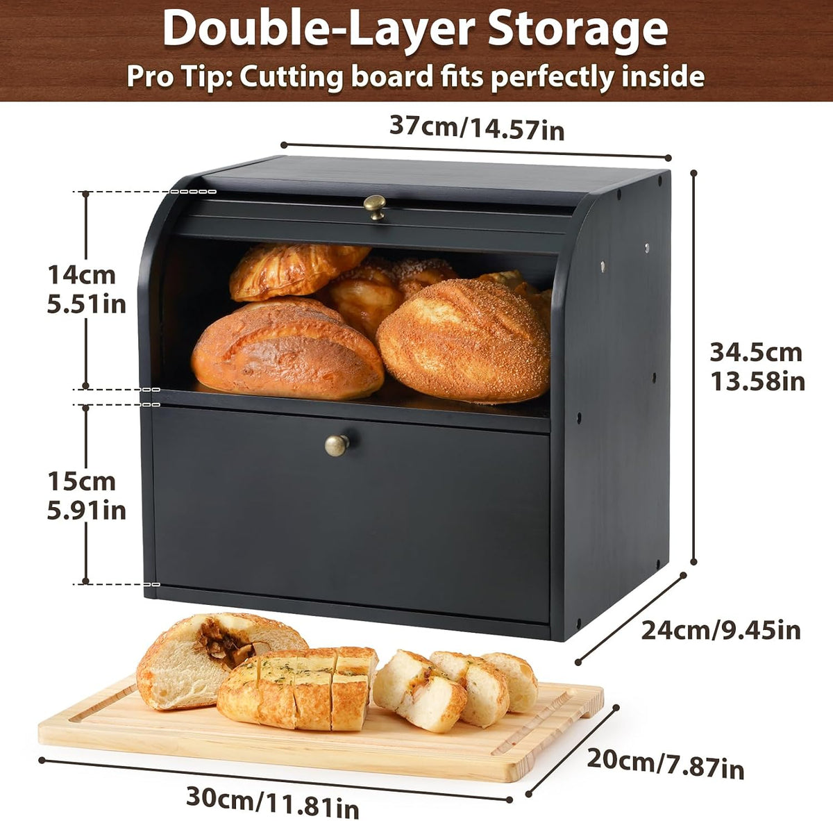 Sunhoo Wooden Bread Box for Kitchen Countertop, Roll Top Breadbox, Black | Large Double Layer Pantry Container, Solid