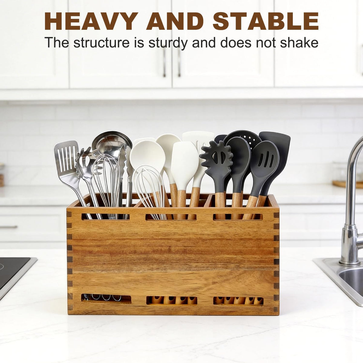 Acacia Wood Large Utensil Holder for Kitchen Counter Organizer Spoon Holder | Cooking Utensils Holder Countertop