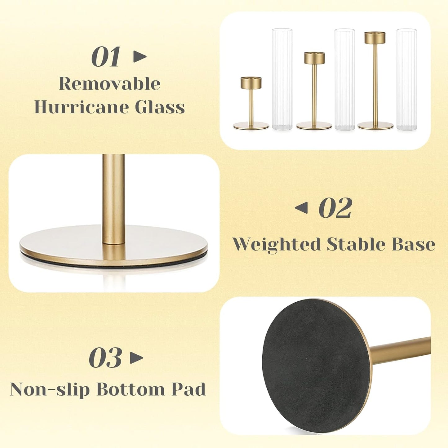 Hewory Gold Hurricane Candle Holder: 6PCS Candlestick Holders for Decor | Ribbed Glass, Brass Taper Candle Holders at 3