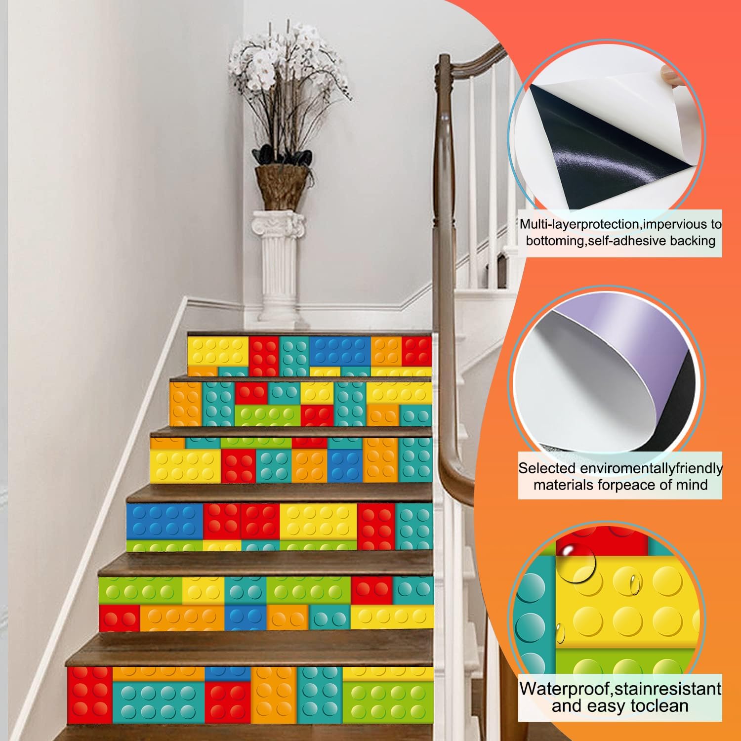 Self adhesive peel and stick stair decals / Building Blocks / 39.37 x 7.08 x 6 / In x / Set of 6
