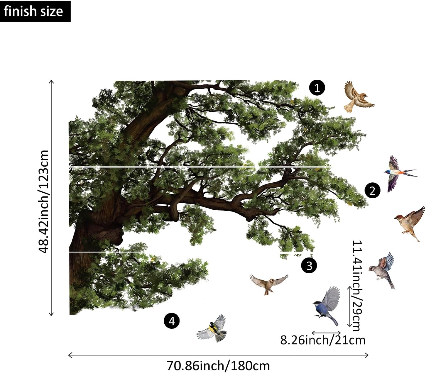 Original Hand Drawn Realistic Wall Decals Peel and Stick / Huge Dark Oak Tree / 70.86 x 48.42