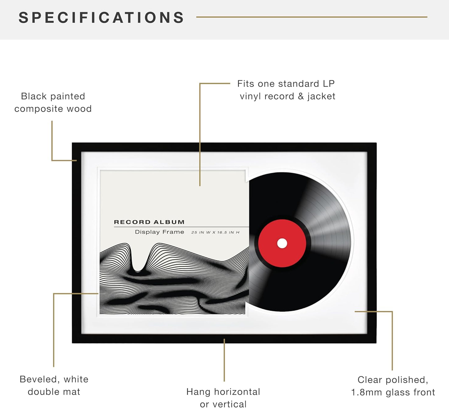 MCS Double Matted Record Album Frame, 16.5x25, Black With White Mat | Double Matted Frame Displays Vinyl LP Record And