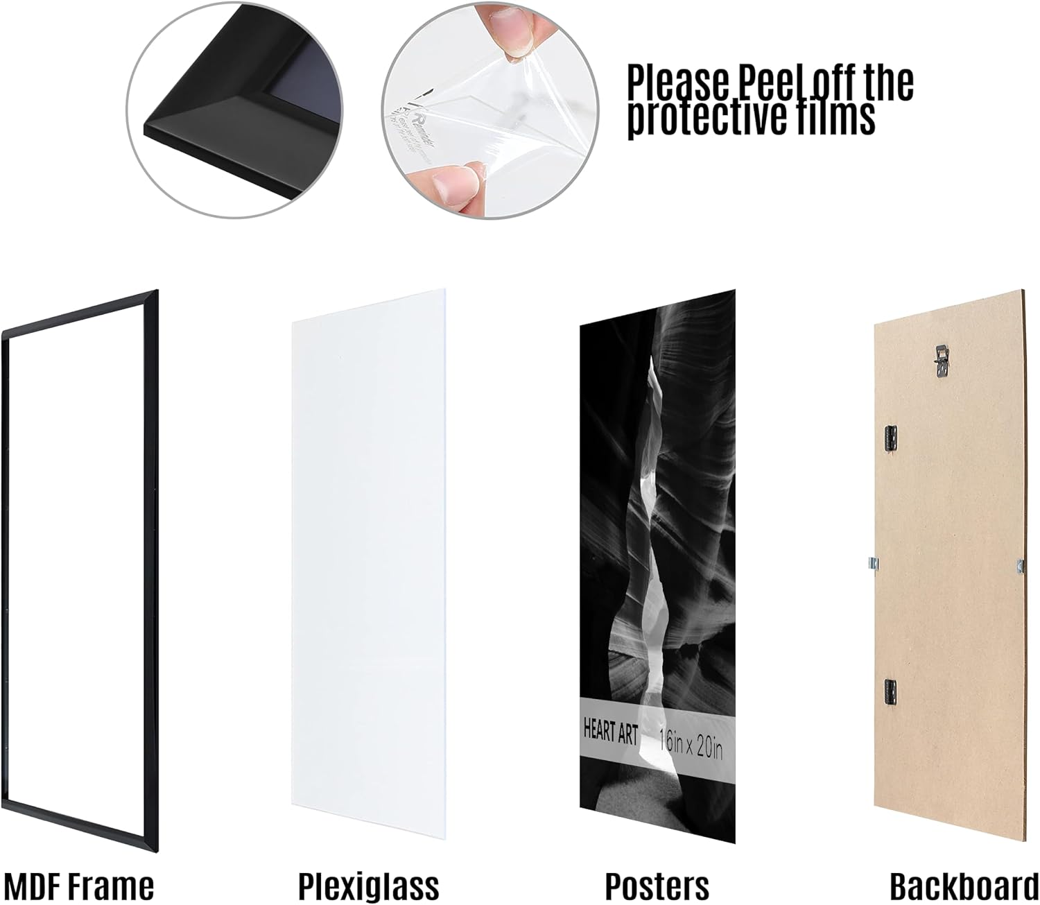 HEART ART 16x20 Picture Frames Without Mat Set of 4, Black | picture frames 16 x 20 Picture Frames