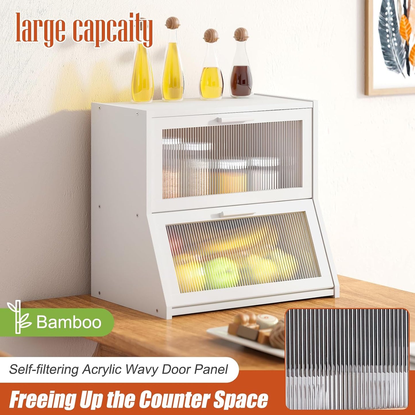 GHWIE Double Layer Bamboo Bread Box for Kitchen Counter,Large Capacity Bread Storage Bin,Bread Container with Acrylic