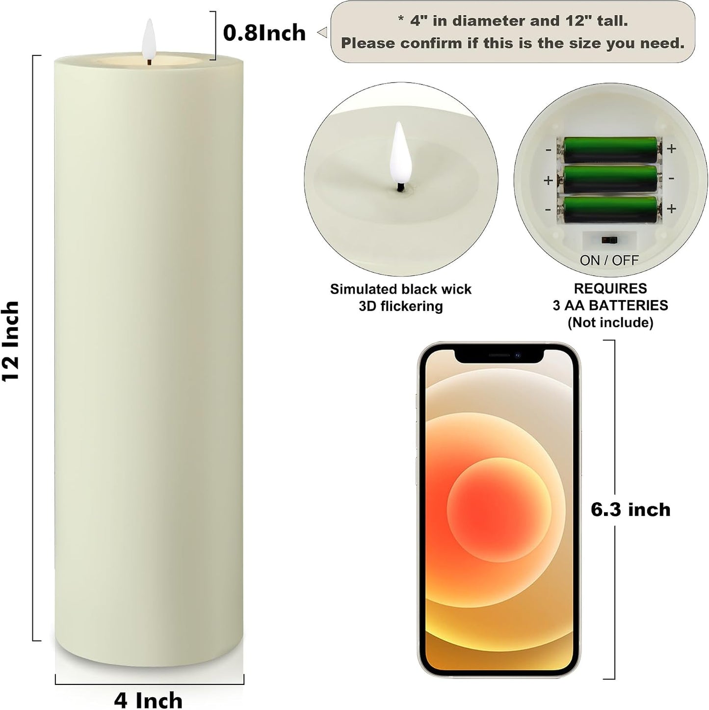 Large Flameless LED Candles Outdoor: 12" x 4" Battery Operated Pillar Candles Flickering with Timer Waterproof Fake