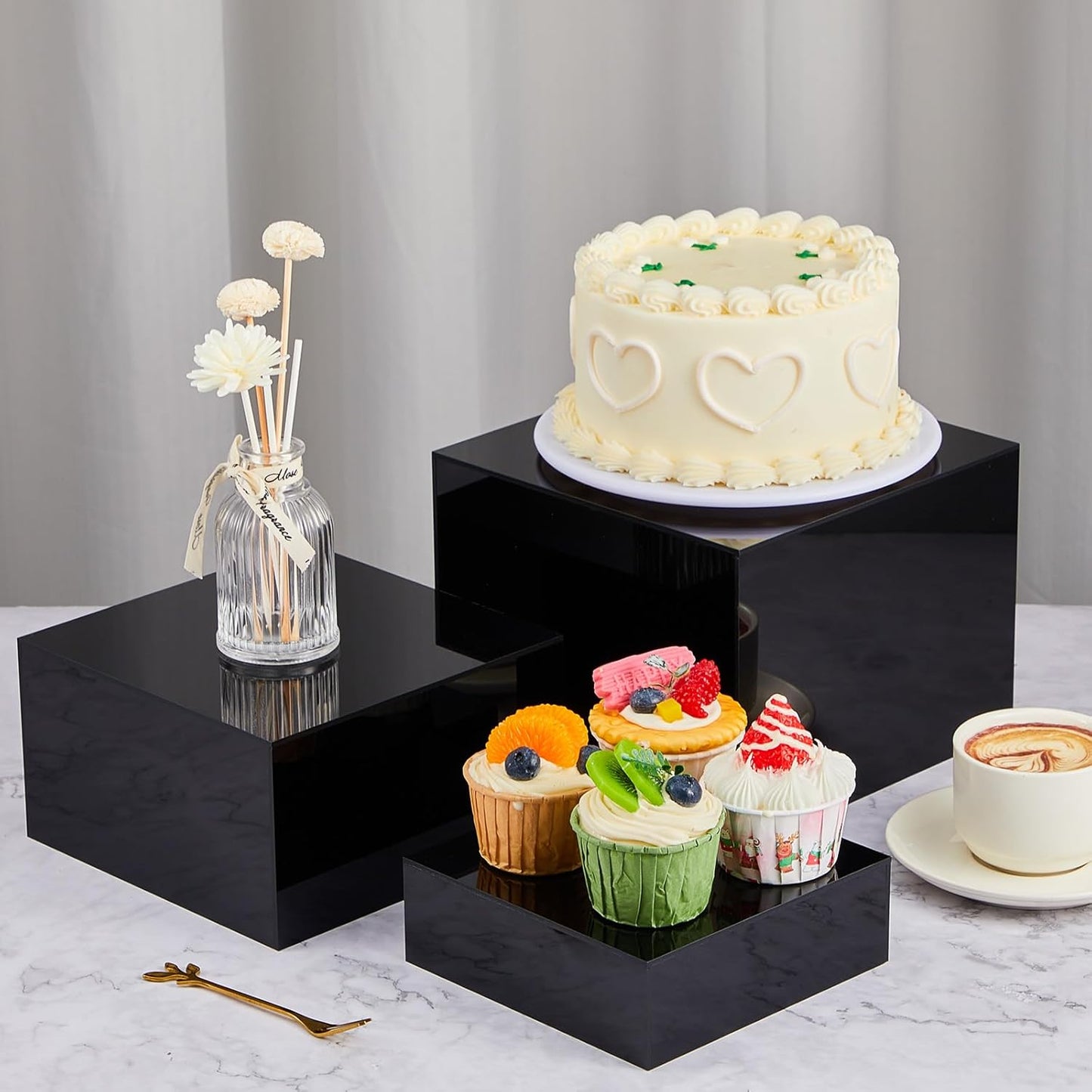 Large Buffet Risers Set " Acrylic Display Box Catering / Black / 6" To 12 / Square / Set of 7