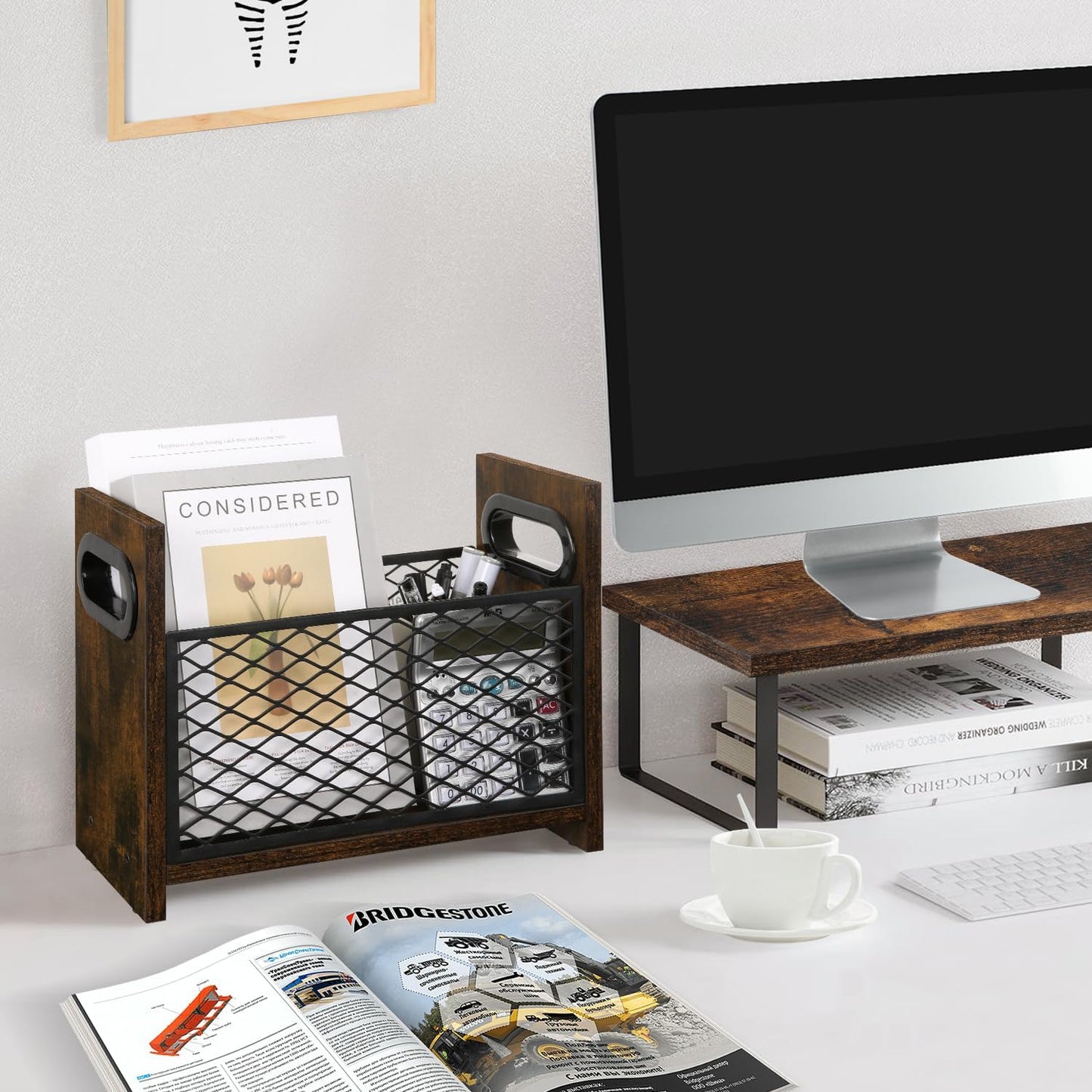 YINMIT Magazine Holder, Small Magazine Rack Floor or Desktop Storage Basket | Wood and Metal Construction, Retro Book