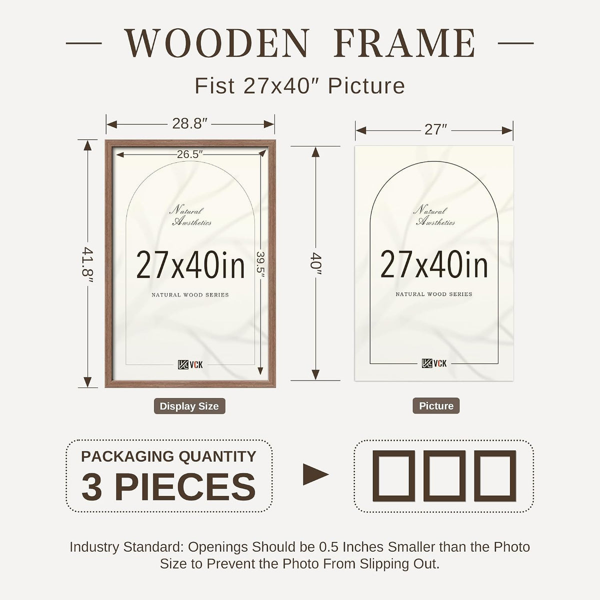 VCK 27x40 Inch Poster Frames Set of 3, Walnut Woodgrain, Wall Hanging | Wide Border, Exclusive Woodgrain, Shatterproof